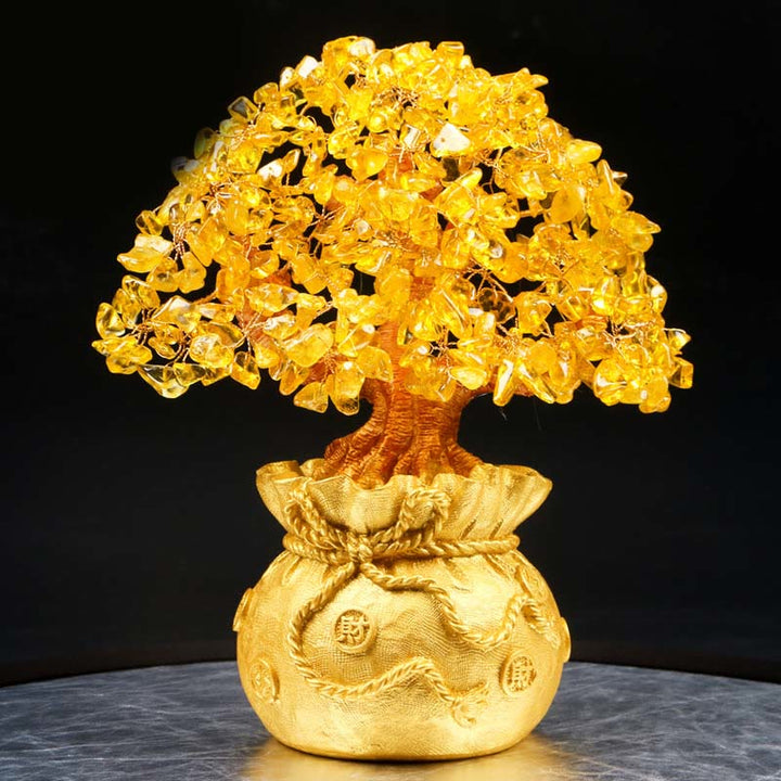 Buddha Stones Adorno de piedras preciosas de árbol de dinero de citrino natural - Feng Shui para la prosperidad