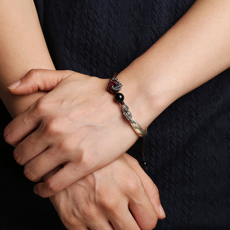 Pulsera trenzada hecha a mano con diseño de dragón auspicioso de plata de ley 925 con Buddha Stones