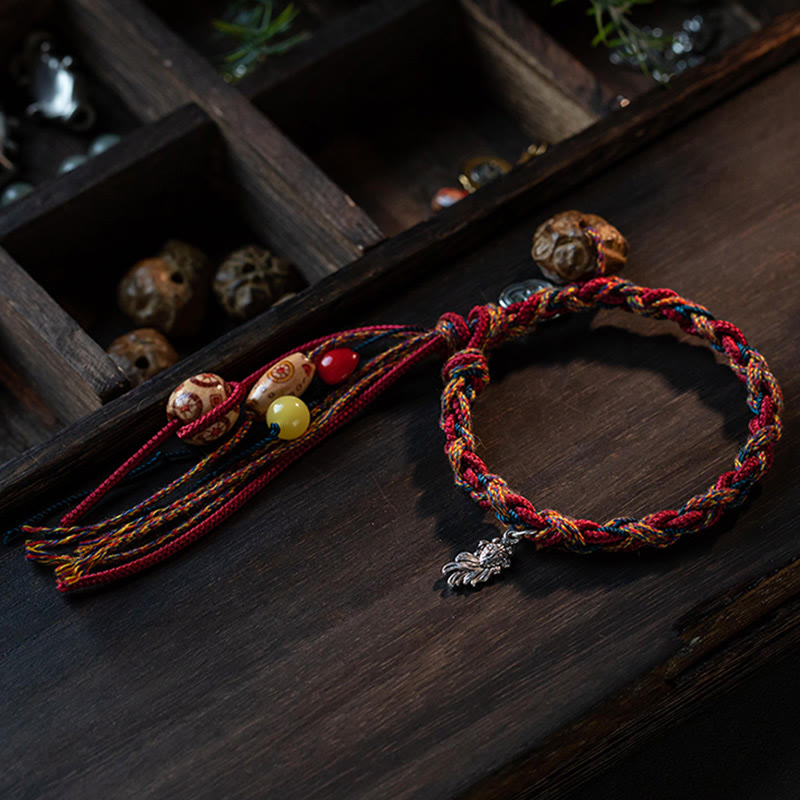 Pulsera de cuerda de fuerza de protección de peces Koi de Plata de Ley 925 con hilo colorido hecho a mano tibetano con Buddha Stones