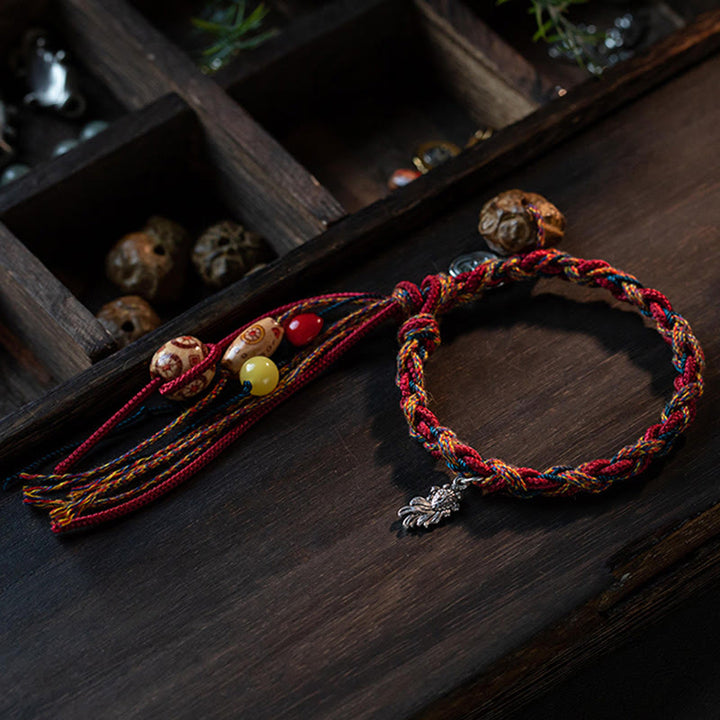 Pulsera de cuerda de fuerza de protección de peces Koi de Plata de Ley 925 con hilo colorido hecho a mano tibetano con Buddha Stones