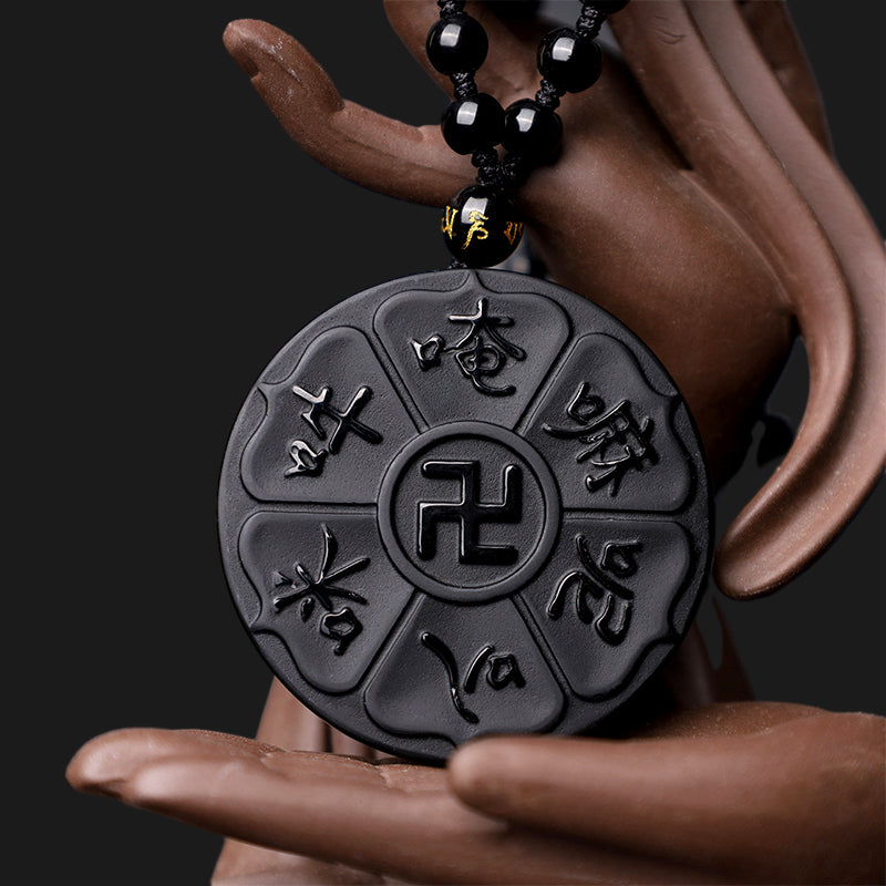 Buddha Stones, obsidiana negra Natural, Om Mani Padme Hum tibetano, colgante de collar de la suerte de la esvástica de Buda
