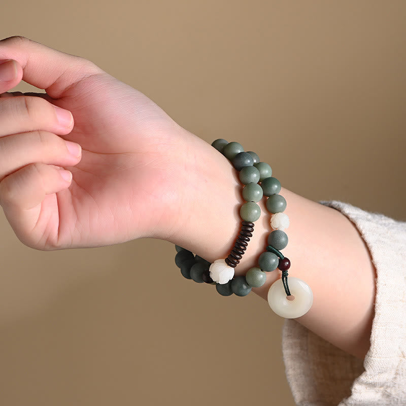 Pulsera de doble envoltura con hebilla de paz y jade de loto, semilla de Bodhi cian