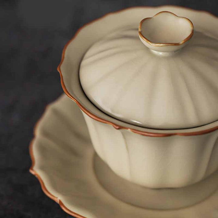 Buddha Stones, forma de flor de ciruelo Beige, rama de melocotón, taza de té de cerámica Gaiwan Sancai, taza de té de Kung Fu con tapa