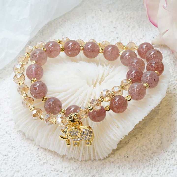 Pulsera con dijes de energía curativa de elefante de cuarzo rosa con Buddha Stones