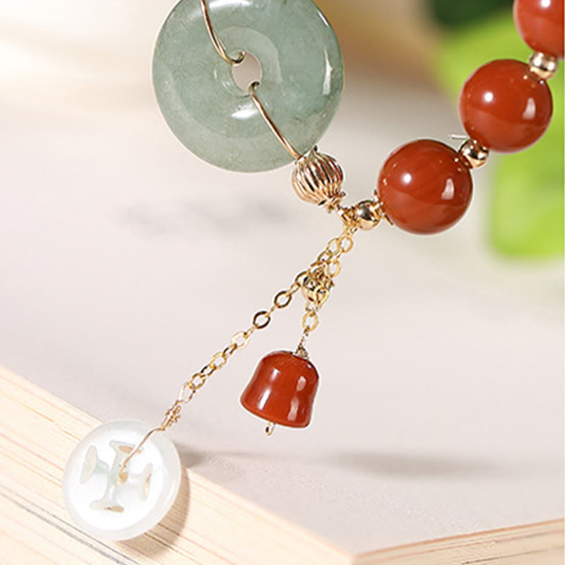 Pulsera de confianza con forma de calabaza y monedas de cobre con hebilla de paz y ágata roja de jade rellena de oro de 14 quilates con Buddha Stones