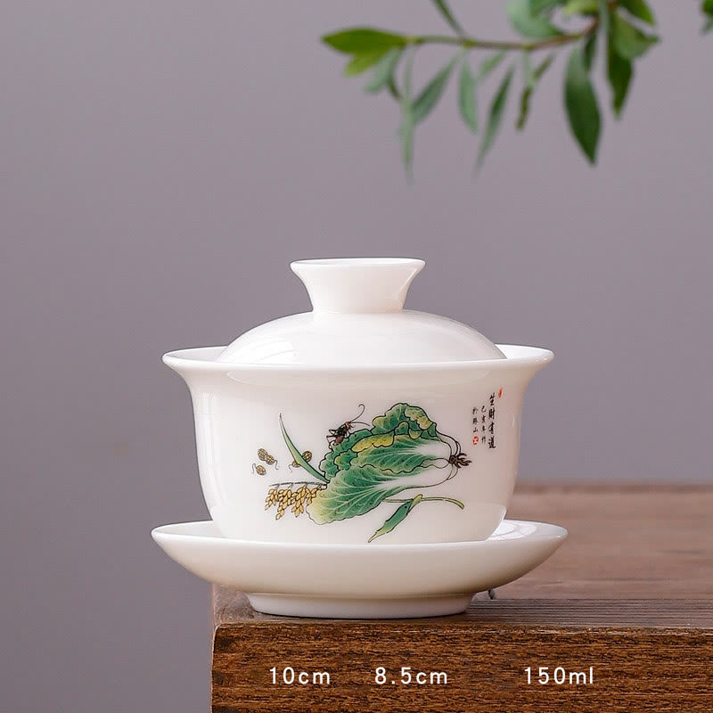 Taza de té y platillo con tapa, porcelana blanca, paisaje de montaña, campo, cerámica, Gaiwan, Kung Fu , Buddha Stones