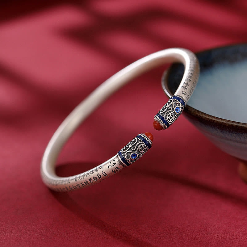 Pulsera de protección de ágata roja grabada con Sutra de corazón de plata de ley 999 con Buddha Stones - image 1