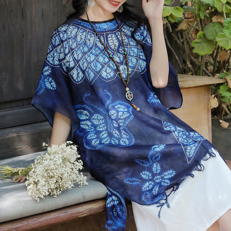 Jersey de viaje acogedor con borlas y chal Batik de mariposa azul con Buddha Stones 90*95cm