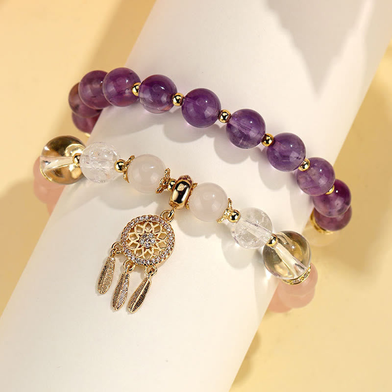Pulsera curativa de atrapasueños de cristal de amatista, cuarzo, fresa verde, Buddha Stones