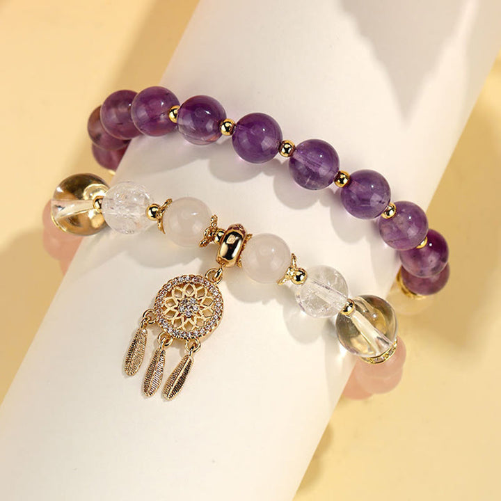 Pulsera curativa de atrapasueños de cristal de amatista, cuarzo, fresa verde, Buddha Stones