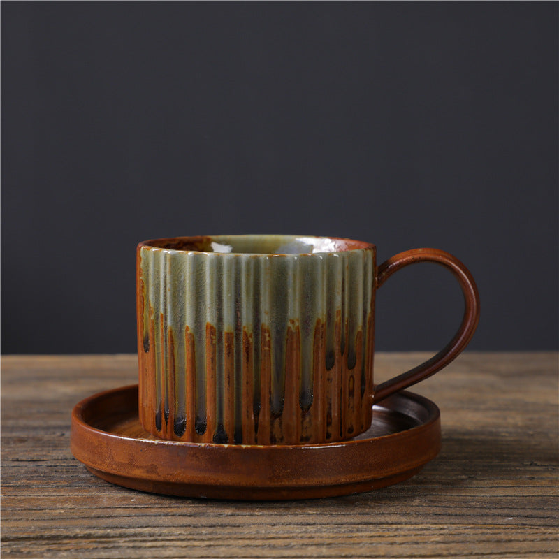 Taza de café de cerámica con cambio de horno a rayas Retro de Buddha Stones, taza de café y té de cerámica rugosa con platillo de 250ml