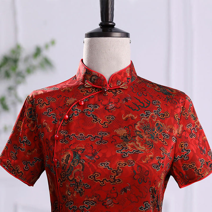 Vestido Cheongsam con estampado de hojas y nubes propicias vintage de Buddha Stones vestido Qipao para mujer