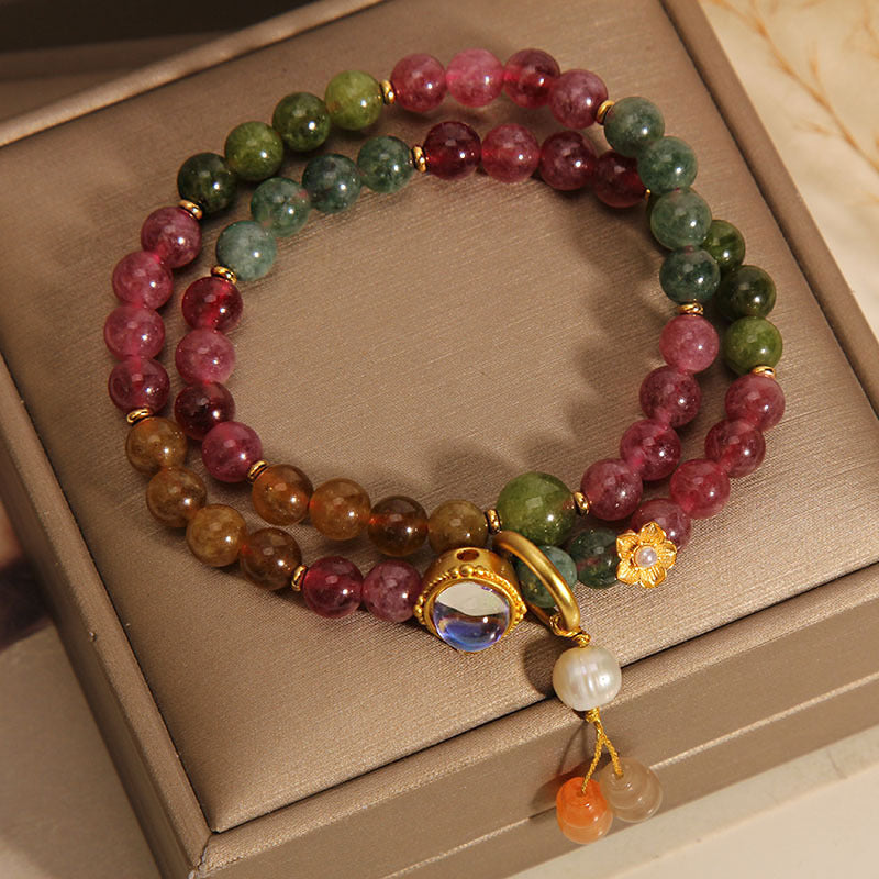 Pulsera con dije de calabaza de doble vuelta positiva con turmalina multicolor y Buddha Stones