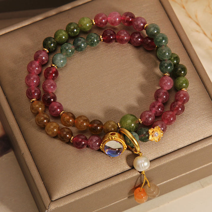 Pulsera con dije de calabaza de doble vuelta positiva con turmalina multicolor y Buddha Stones