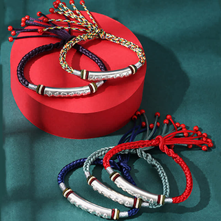 Pulsera de hilo de protección Om Mani Padme Hum de plata de ley 999 con Buddha Stones