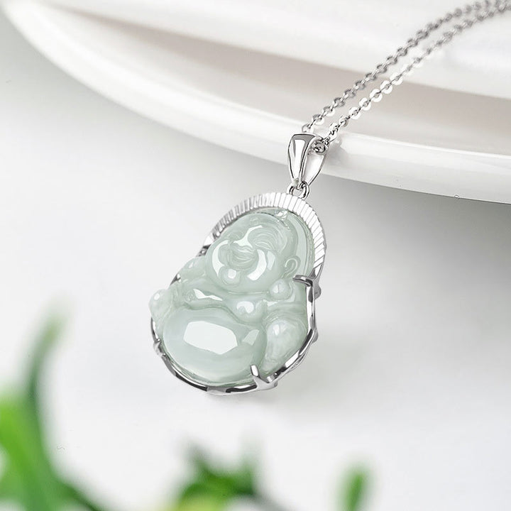 Collar con colgante de cadena de plata de ley 925 con Buddha Stones , Buda sonriente, jade, suerte y calma - image 5