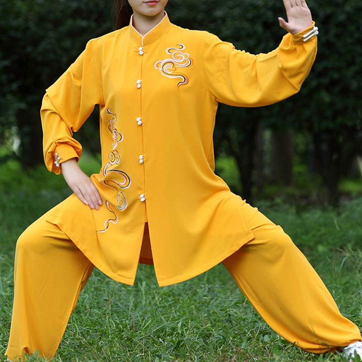 Conjunto de ropa unisex para práctica de meditación, tai chi, qigong, bordada, con nubes auspiciosas y Buddha Stones