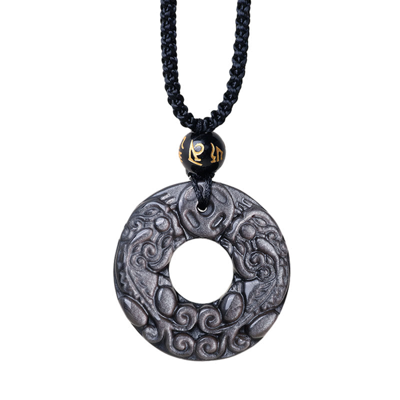 Colgante de collar de protección con hebilla de la paz, moneda de cobre PiXiu doble, obsidiana brillante de plata Natural , Buddha Stones - image 9