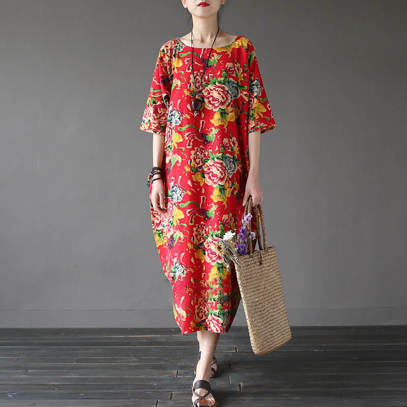 Vestido midi con estampado de flores de peonía roja y Buddha Stones Vestido de lino y algodón de media manga