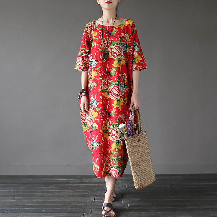 Vestido midi con estampado de flores de peonía roja y Buddha Stones Vestido de lino y algodón de media manga