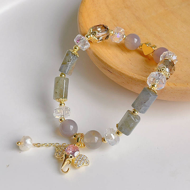 Pulsera con dije de elefante positivo, Buddha Stones , amatista, aventurina verde, cuarzo fresa