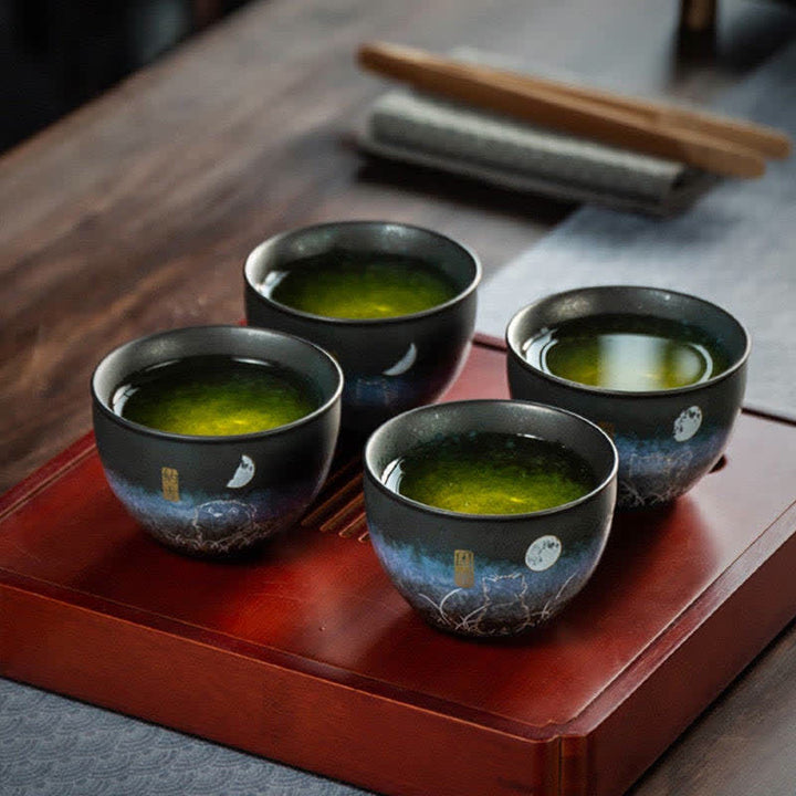 Taza de té de cerámica con Buddha Stones, tazas de té negras con gato encantador, 140ml