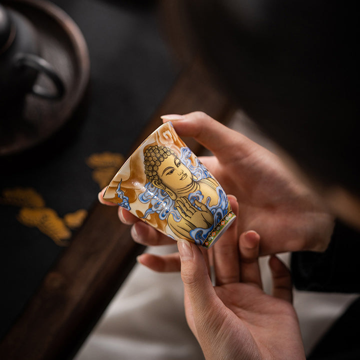 Taza de té de Kung Fu con Buddha Stones, Color Dunhuang, Apsaras voladoras