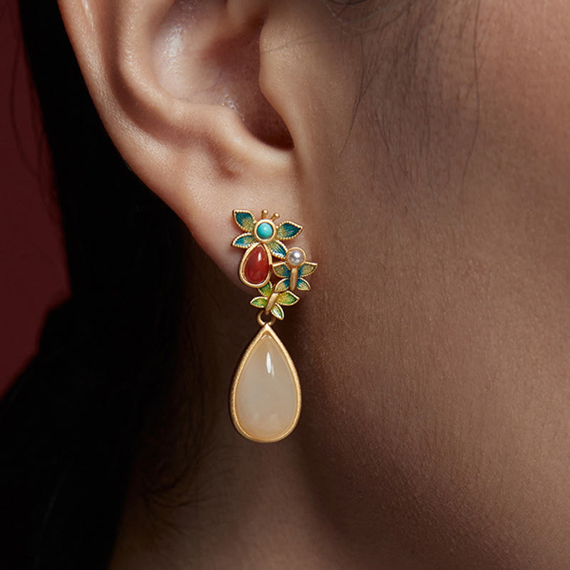 Pendientes colgantes con forma de gota de agua , Buddha Stones , Jade blanco, ágata roja, mariposa