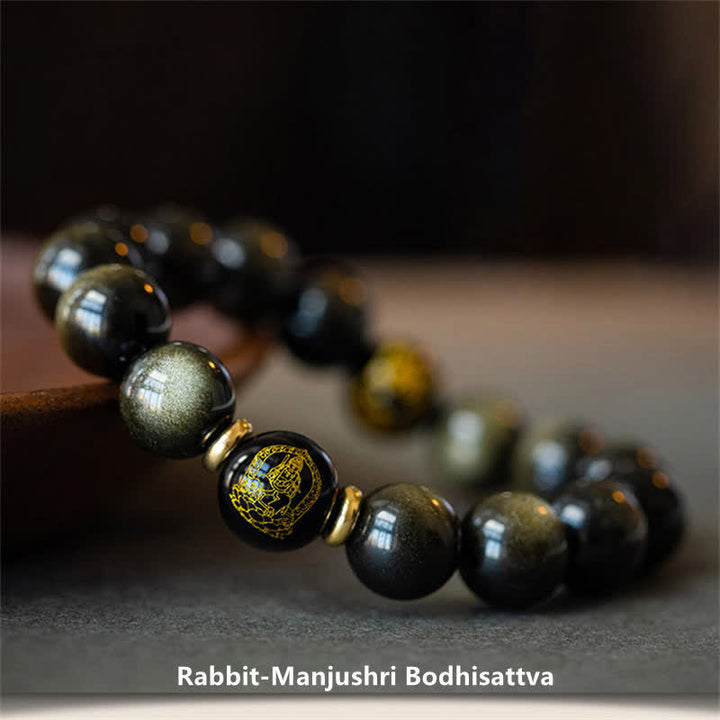 Pulsera de protección de la riqueza de obsidiana con brillo dorado del Buda Natal del zodíaco chino