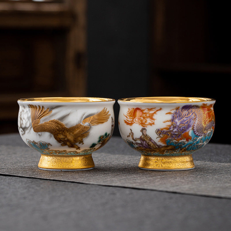 Taza de té de cerámica dorada con Buddha Stones, águila dorada, dragón auspicioso, sol, olas del océano, taza de té de Kung Fu