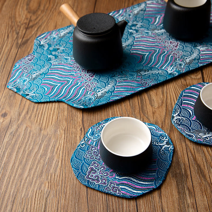 Tapete para taza con bordado de brocado de flor de ciruelo de bambú, posavasos para taza de té, Buddha Stones, ola de mar, tapete para té Kung Fu
