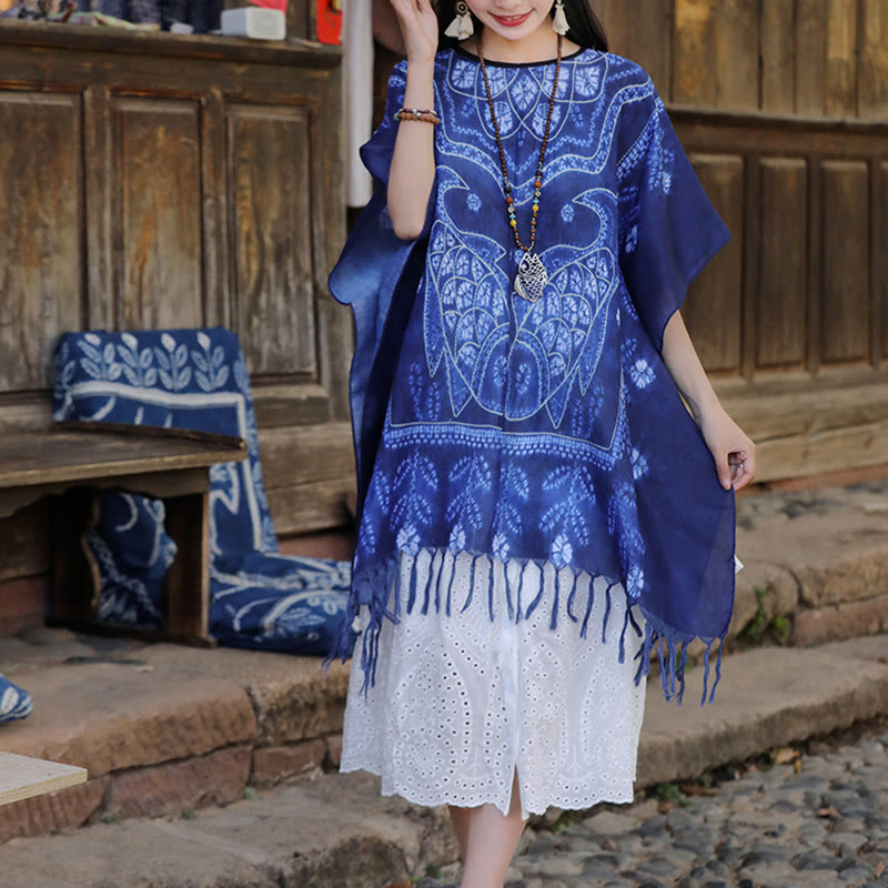 Jersey de viaje suave con borlas y chal de pez Koi teñido anudado azul con Buddha Stones 90*95cm