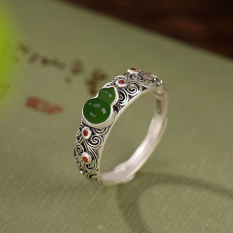 Anillo auspicioso de bendición de calabaza de jade cian de ágata roja de plata de ley 925