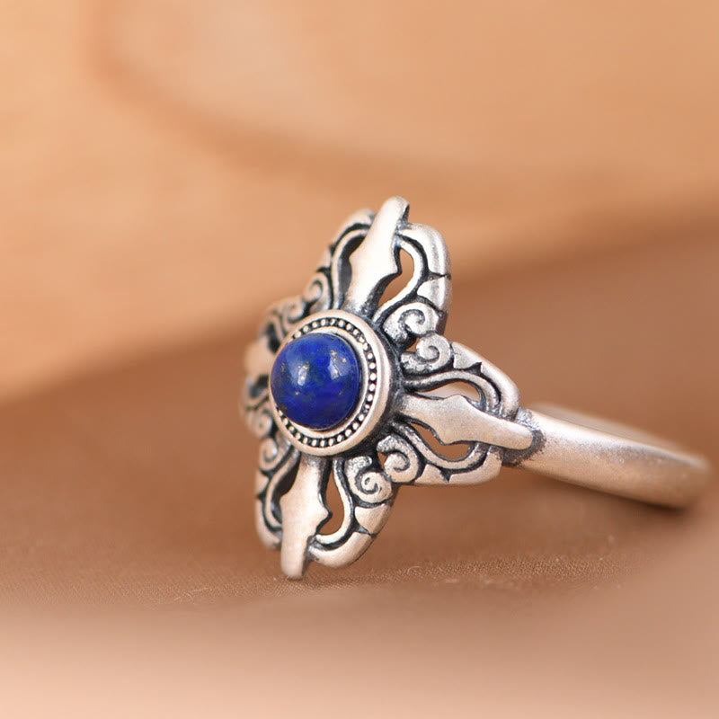 Anillo ajustable positivo de lazurita natural de plata de ley 925 con Buddha Stones del Tíbet