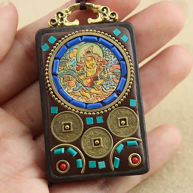 Colgante de collar de paz de ébano Thangka, dios de la riqueza del Tíbet, Buddha Stones