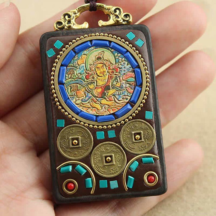 Colgante de collar de paz de ébano Thangka, dios de la riqueza del Tíbet, Buddha Stones