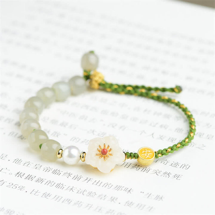 Pulsera de la suerte de flor de melocotón de jade hetiano natural de plata de ley 925
