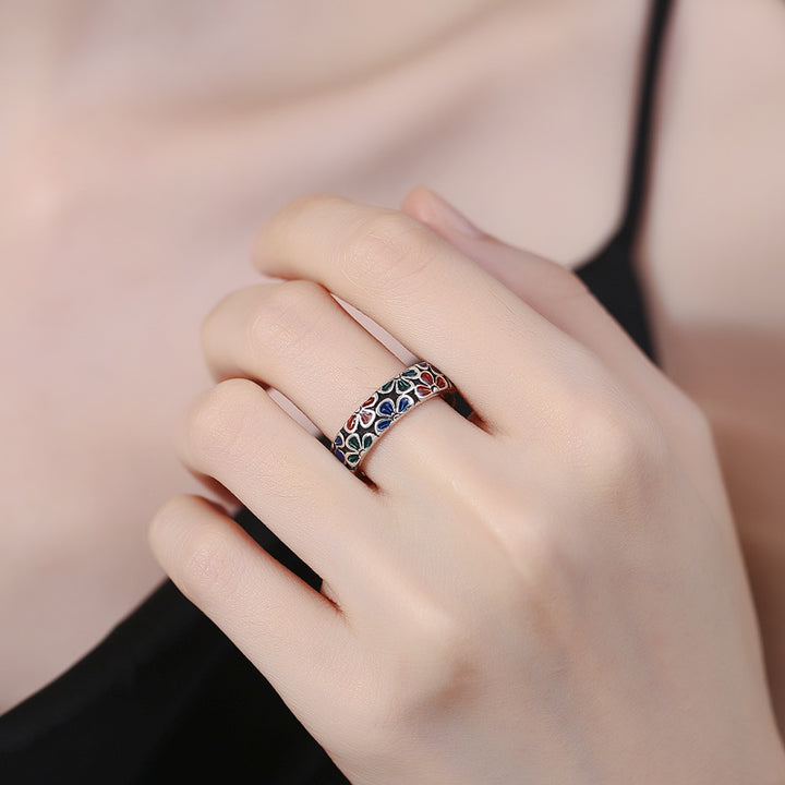 Anillo ajustable de cobre curativo con diseño de flores de ciruelo coloridas y Buddha Stones