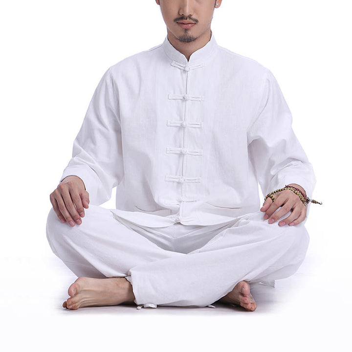 Conjunto de ropa de yoga para hombre con diseño de botón de rana china y Buddha Stones, de lino y algodón para meditación y oración - Blanco (Manga larga) - US/UK/AU44，EU54 (3XL) - image 8