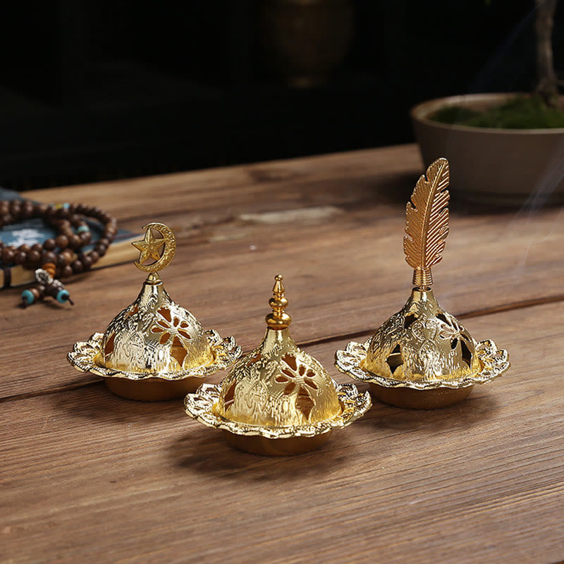Quemador de incienso de Metal de aleación, Mini meditación espiritual, pluma de estrella de calabaza dorada