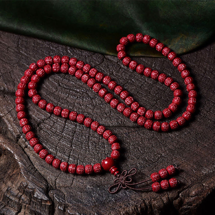 Buddha Stones 108 cuentas Mala cinabrio Om Mani Padme Hum patrón grabado pulsera de bendición