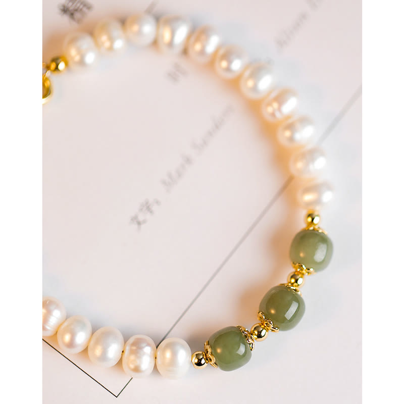 Pulsera de cadena de cuentas de sinceridad de jade blanco de jade cian hetiano de perlas naturales chapadas en oro de 14 quilates