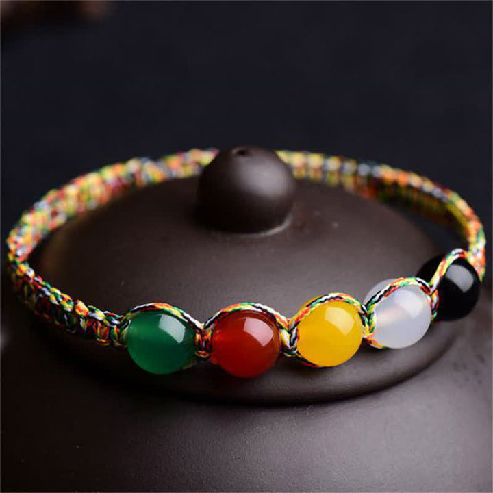 Pulsera de hilo de cinco elementos de ágata colorida, metal, madera, agua, fuego, tierra