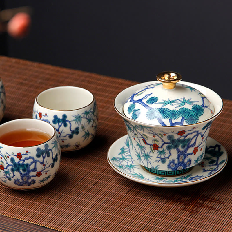 Buddha Stones Retro, flor de ciruelo, pino, bambú, Phoenix Kirin, cerámica Gaiwan Sancai, taza de té de Kung Fu y platillo con tapa