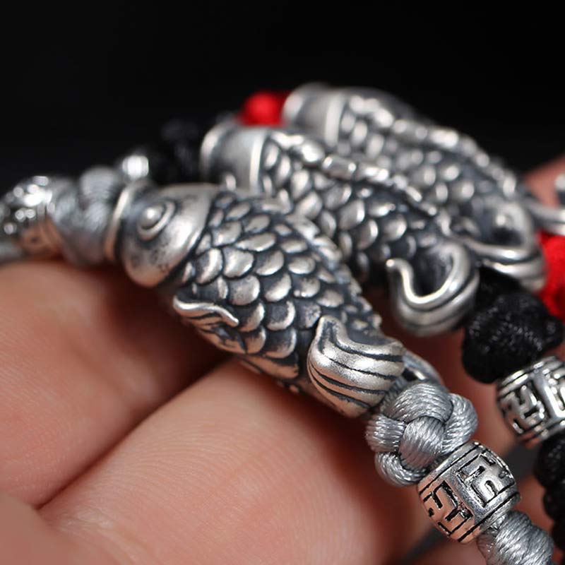 Pulsera de hilo trenzado con pez Koi de la suerte de plata con Buddha Stones