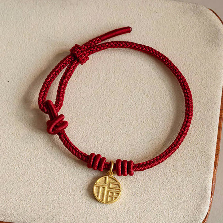 Pulsera de cuerda roja hecha a mano con Buddha Stones, ocho hilos, nudo de la paz, personaje Fu, suerte, felicidad