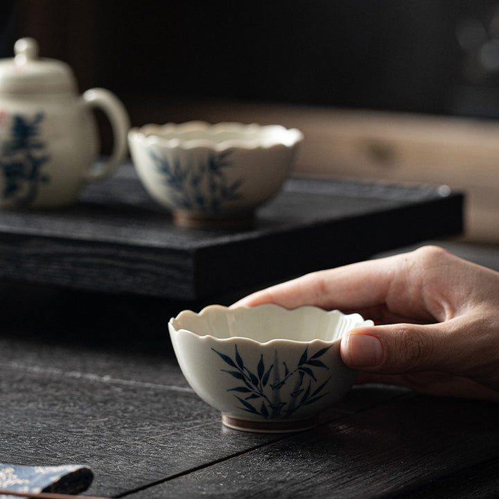 Taza de té de cerámica con hojas de bambú azules pequeñas, Buddha Stones, tazón de té de Kung Fu