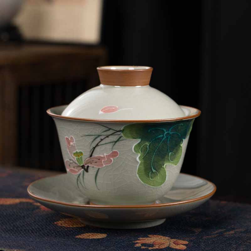 Buddha Stones, loto, pez Koi, hoja de vaina, taza de té de cerámica Gaiwan Sancai, taza de té de Kung Fu y platillo con tapa, 140ml