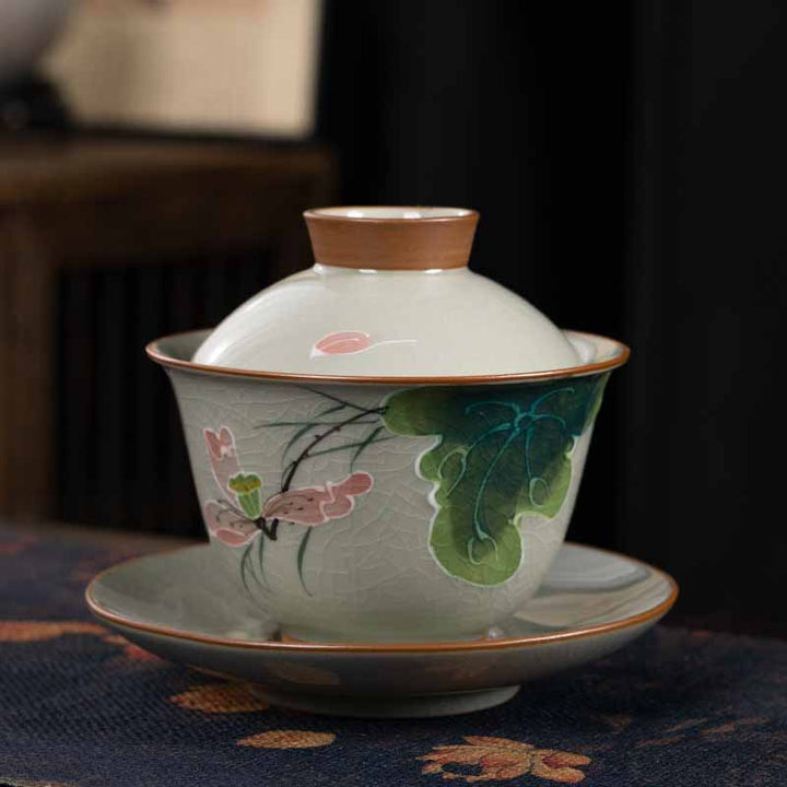 Buddha Stones, loto, pez Koi, hoja de vaina, taza de té de cerámica Gaiwan Sancai, taza de té de Kung Fu y platillo con tapa, 140ml