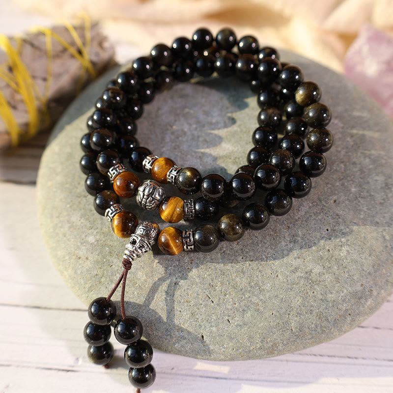Collar Pulsera Energía Obsidiana Dorada